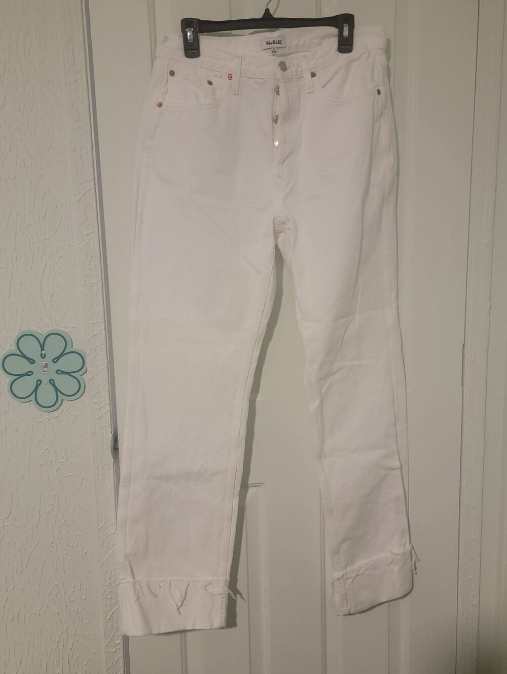 Re/Done White Cotton Denim Jeans, Womens Size 30, Cuffed Raw Hem/High Rise